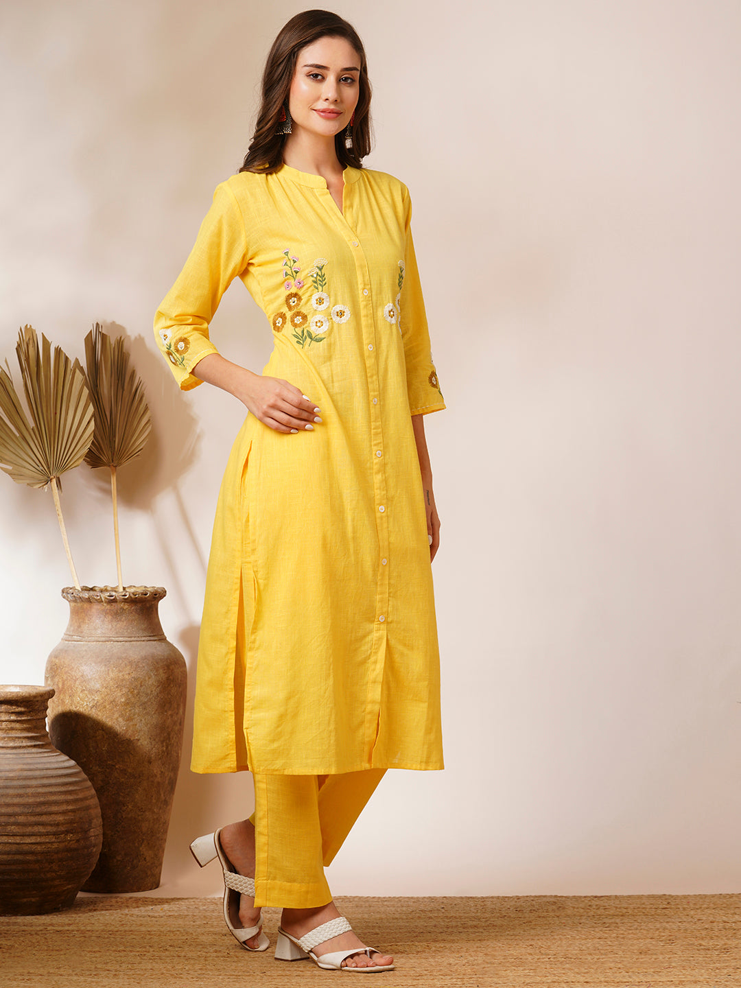 Solid Floral Hand Embroidered Straight Fit Co-ord Set - Yellow