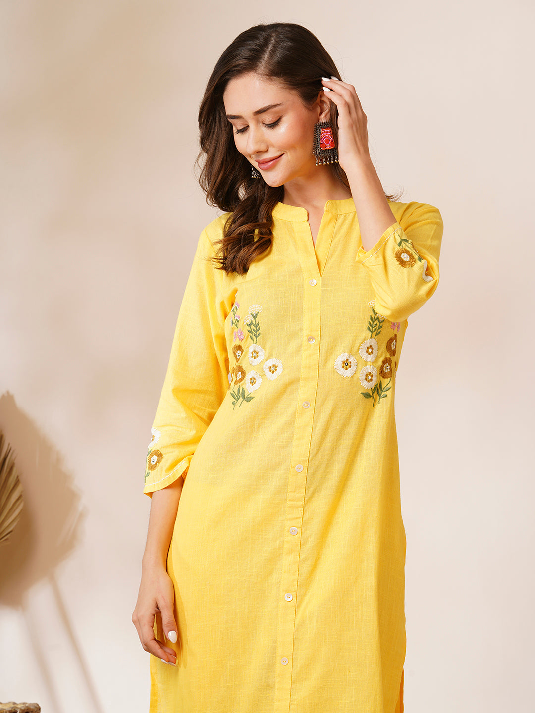 Solid Floral Hand Embroidered Straight Fit Co-ord Set - Yellow