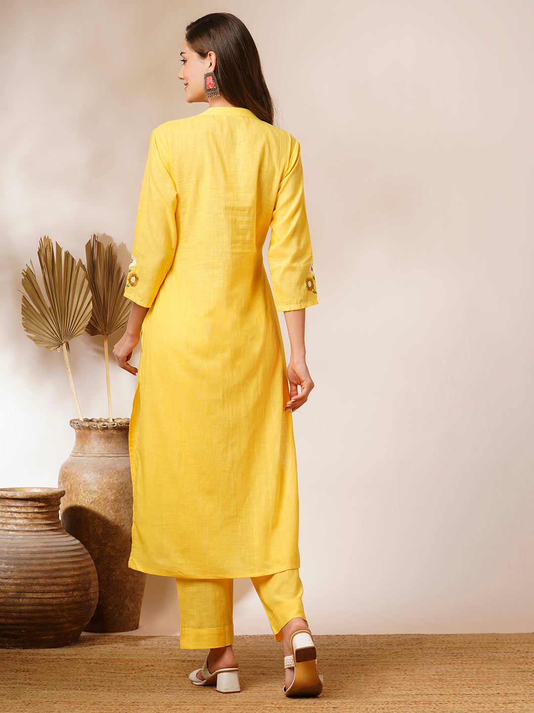 Solid Floral Hand Embroidered Straight Fit Co-ord Set - Yellow