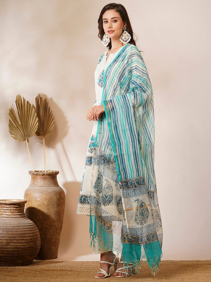 Floral Printed A-Line Paneled Kurta with Pant & Printed Dupatta - Off White