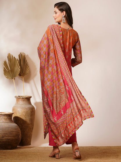 Ethnic Floral Printed Straight Fit Kurta with Pant and Printed Dupatta - Pink