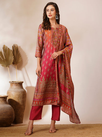 Ethnic Floral Printed Straight Fit Kurta with Pant and Printed Dupatta - Pink