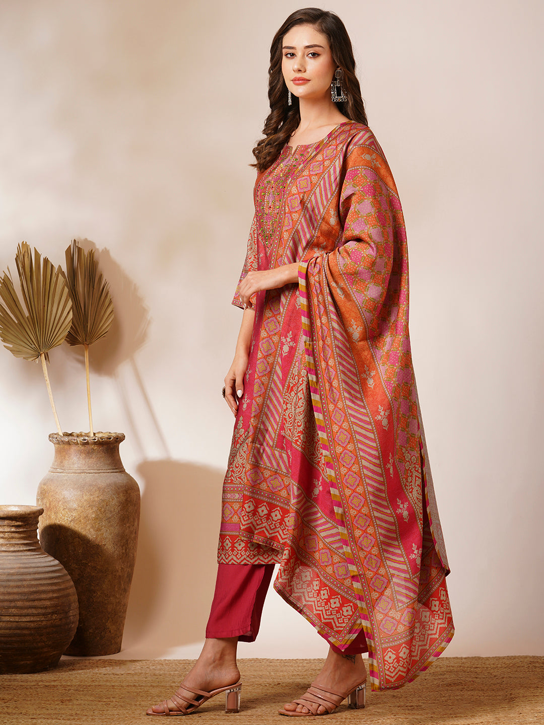 Ethnic Floral Printed Straight Fit Kurta with Pant and Printed Dupatta - Pink