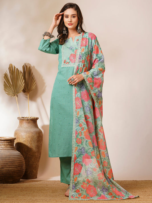 Floral Printed Mirror & Resham Embroidered Kurta with Pants & Dupatta - Pink