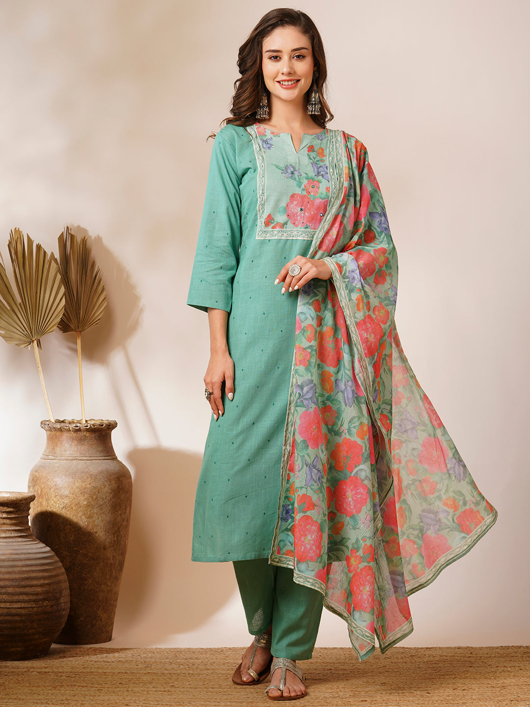 Floral Printed Mirror & Resham Embroidered Kurta with Pants & Dupatta - Pink