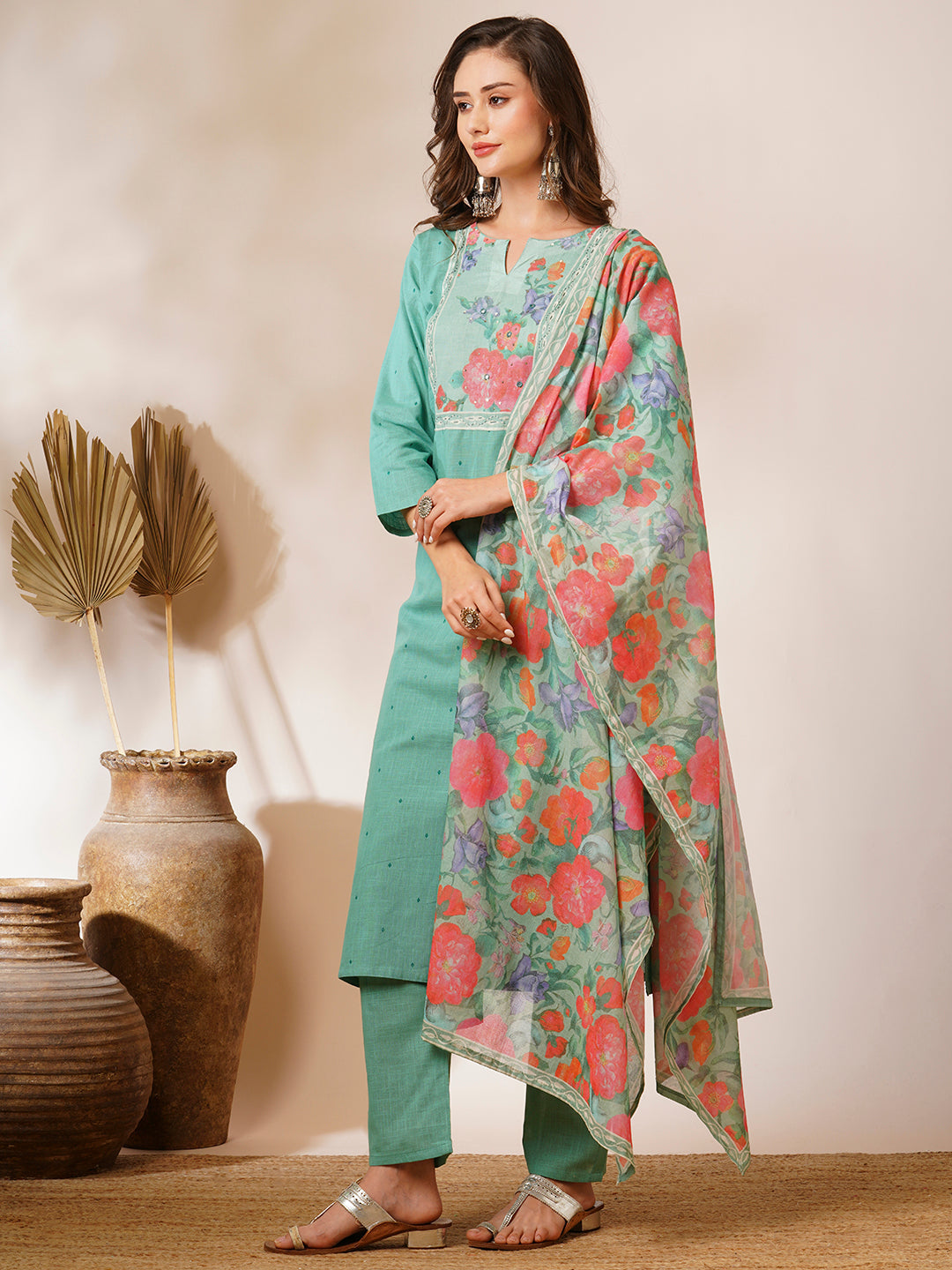 Floral Printed Mirror & Resham Embroidered Kurta with Pants & Dupatta - Pink