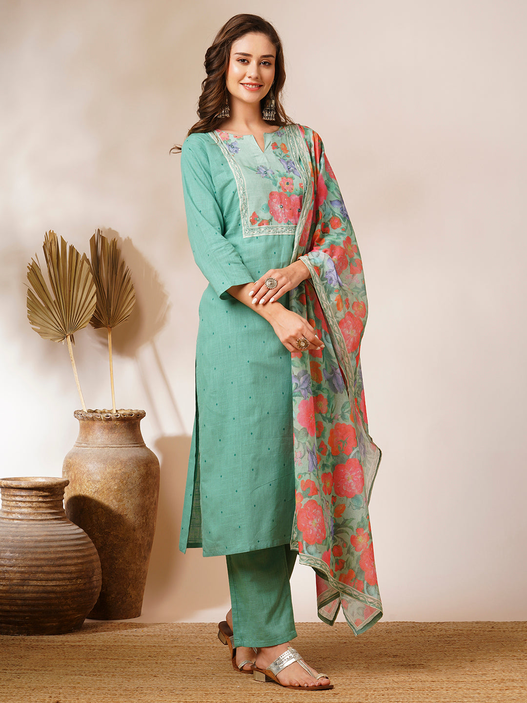 Floral Printed Mirror & Resham Embroidered Kurta with Pants & Dupatta - Pink