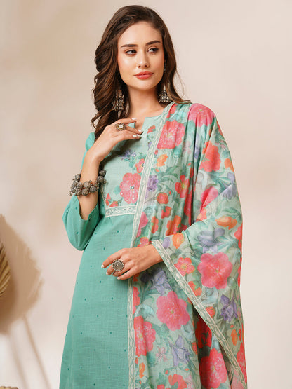 Floral Printed Mirror & Resham Embroidered Kurta with Pants & Dupatta - Pink