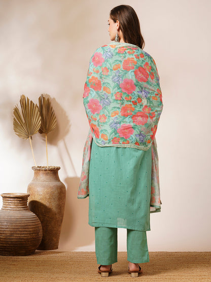 Floral Printed Embroidered Straight Fit Kurta with Pant and Dupatta - Pastel Green