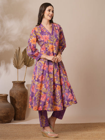 Floral Printed A-Line Paneled Co-ord Set - Purple