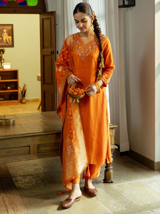 Solid Cutdana Hand Embroidered Kurta with Pant & Woven Zari Jacquard Dupatta - Orange