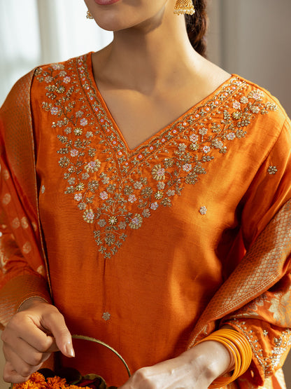 Solid Cutdana Hand Embroidered Kurta with Pant & Woven Zari Jacquard Dupatta - Orange