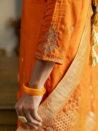 Solid Cutdana Hand Embroidered Kurta with Pant & Woven Zari Jacquard Dupatta - Orange