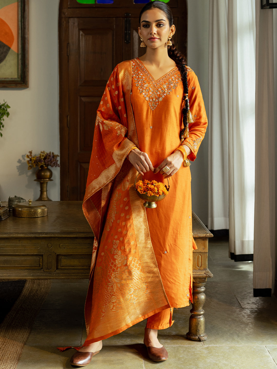 Solid Cutdana Hand Embroidered Kurta with Pant & Woven Zari Jacquard Dupatta - Orange