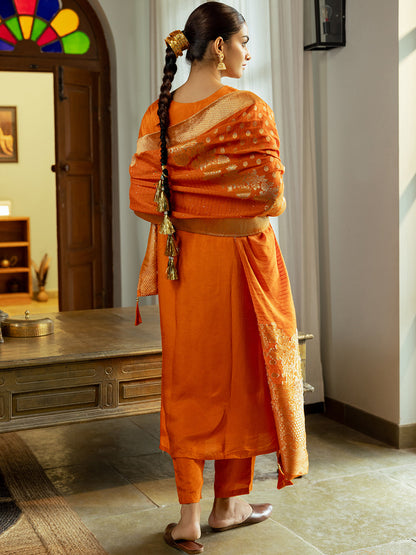 Solid Cutdana Hand Embroidered Kurta with Pant & Woven Zari Jacquard Dupatta - Orange