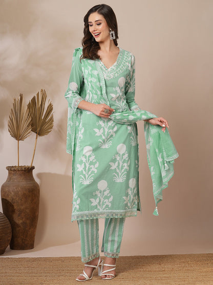 Floral Block Printed & Embroidered Straight Fit Kurta with Pant & Dupatta - Mint Green