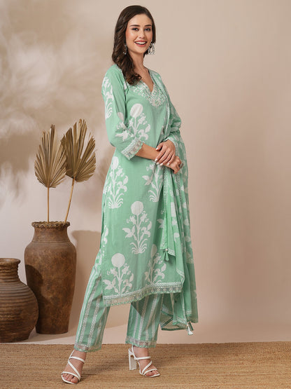 Floral Block Printed & Embroidered Straight Fit Kurta with Pant & Dupatta - Mint Green