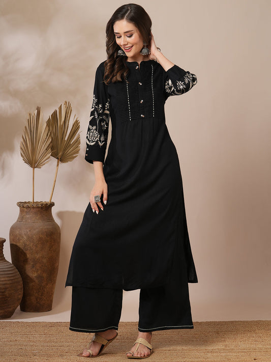 Solid Floral Embroidered Straight Fit Co-ord Set - Black