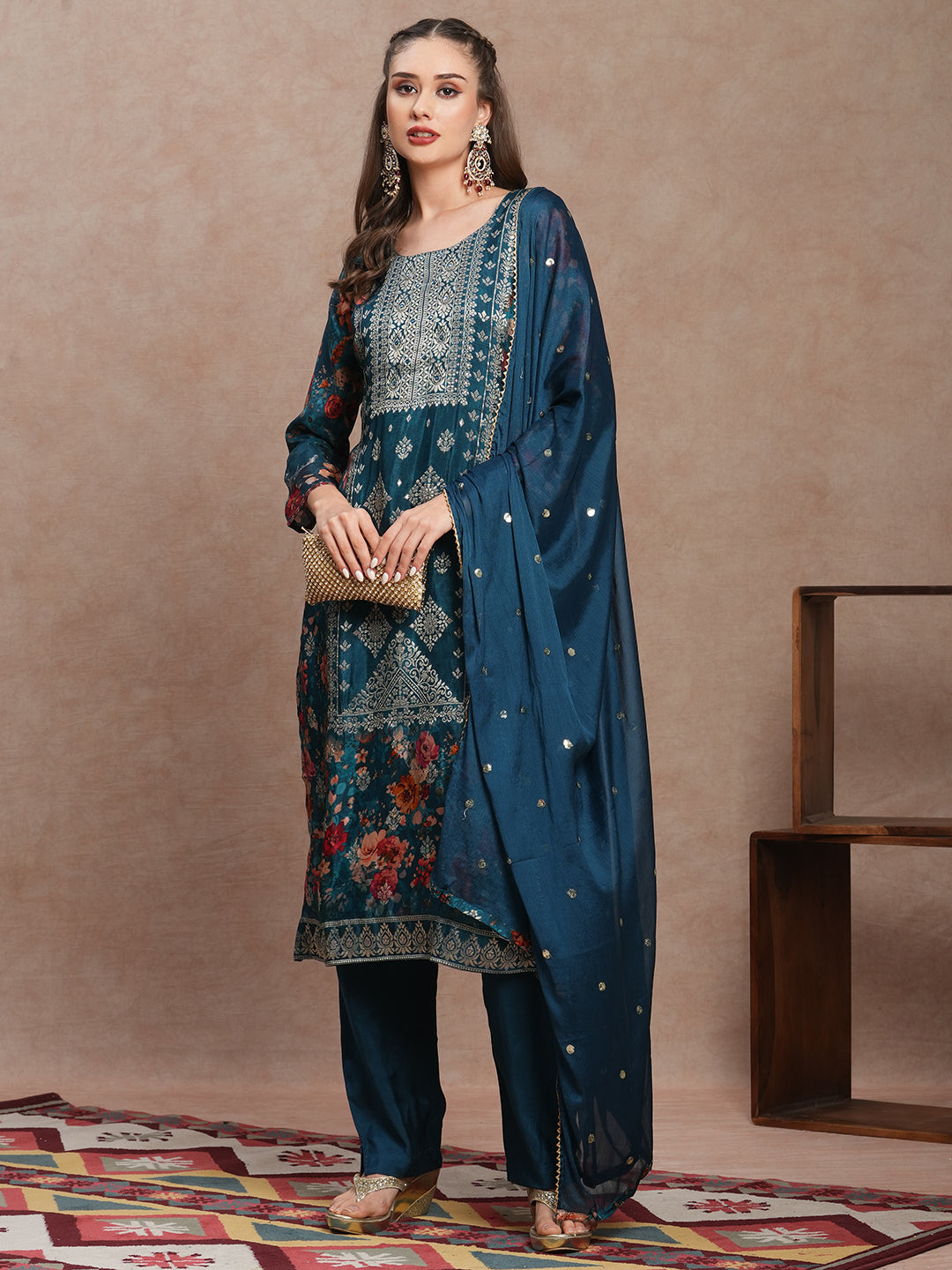 Floral Printed Jacquard Straight Kurta with Pant & Dupatta - Sea green