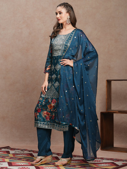 Floral Printed Jacquard Straight Kurta with Pant & Dupatta - Sea green