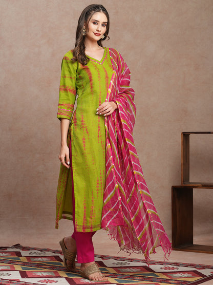 Shibori Dyed Straight Fit Kurta with Pant and Leheriya Dupatta - Green