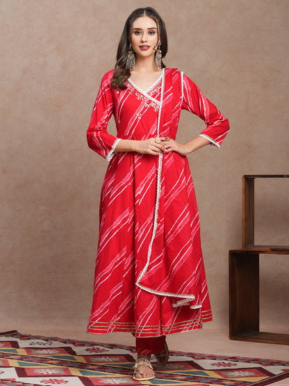 Leheriya Printed & Embroidered Anarkali Kurta with Pant & Dupatta - Red