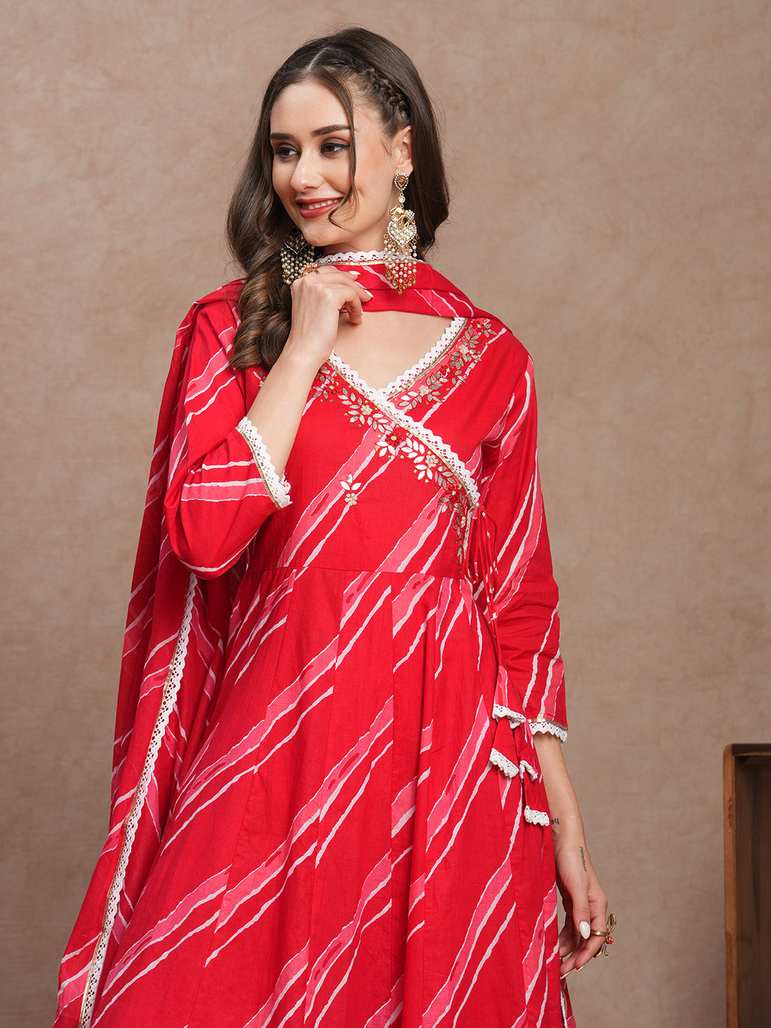 Leheriya Printed & Embroidered Anarkali Kurta with Pant & Dupatta - Red