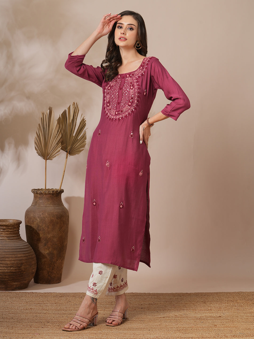 Solid Floral Hand Embroidered Straight Fit Kurta with Pant - Mauve