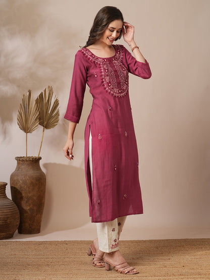 Solid Floral Hand Embroidered Straight Fit Kurta with Pant - Mauve