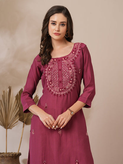 Solid Floral Hand Embroidered Straight Fit Kurta with Pant - Mauve