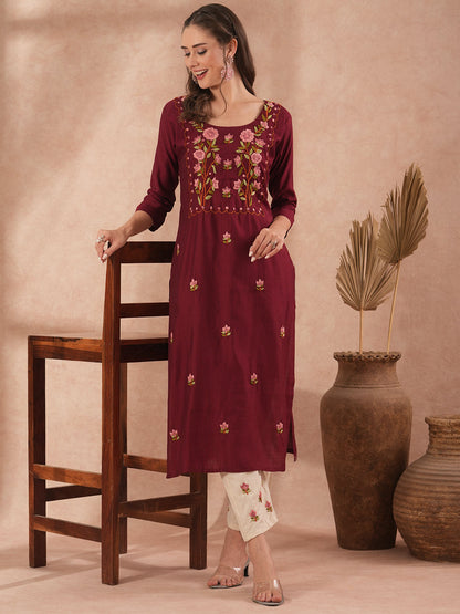 Solid Floral Hand Embroidered Straight Fit Kurta with Pant - Maroon