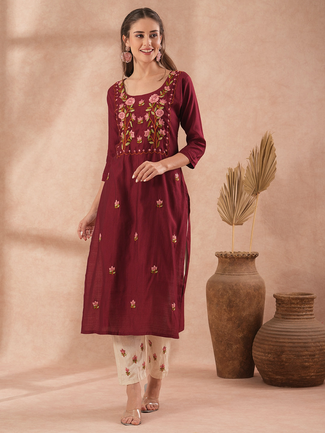 Solid Floral Hand Embroidered Straight Fit Kurta with Pant - Maroon