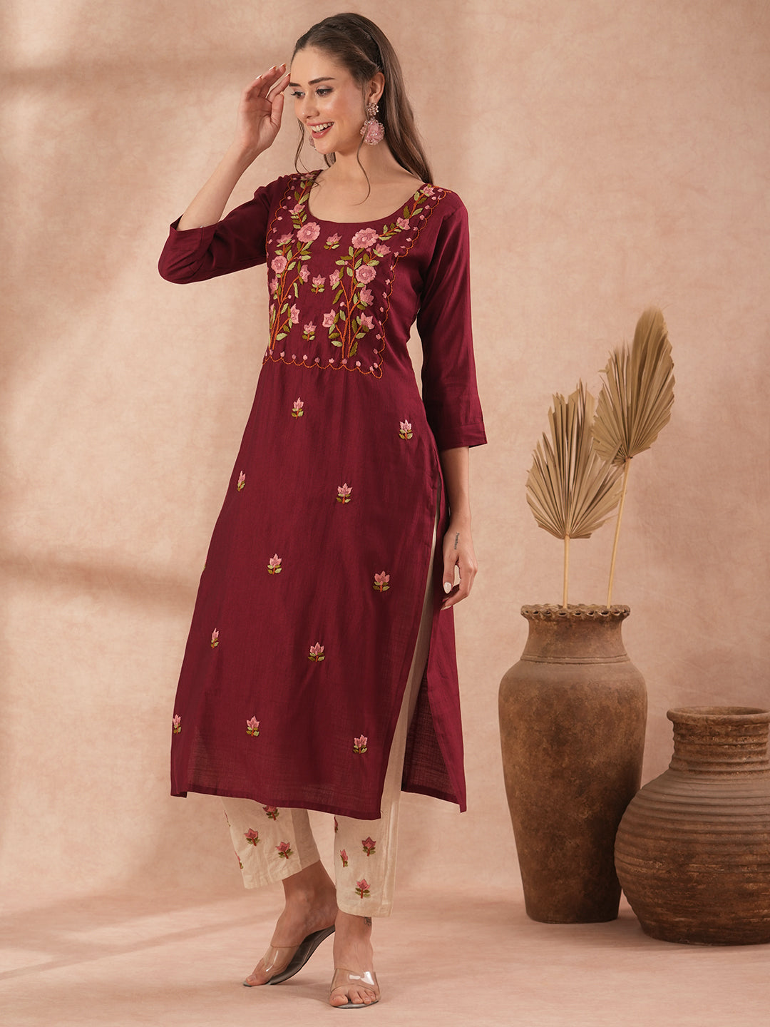 Solid Floral Hand Embroidered Straight Fit Kurta with Pant - Maroon