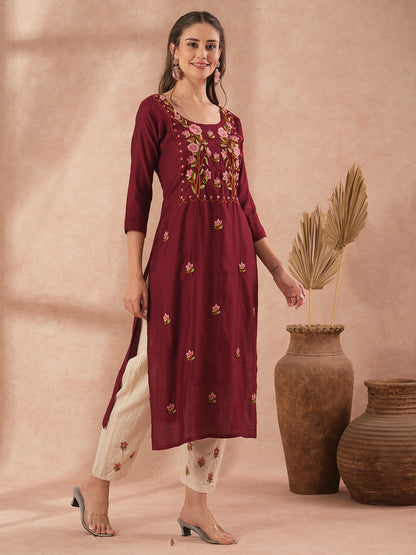 Solid Floral Hand Embroidered Straight Fit Kurta with Pant - Maroon