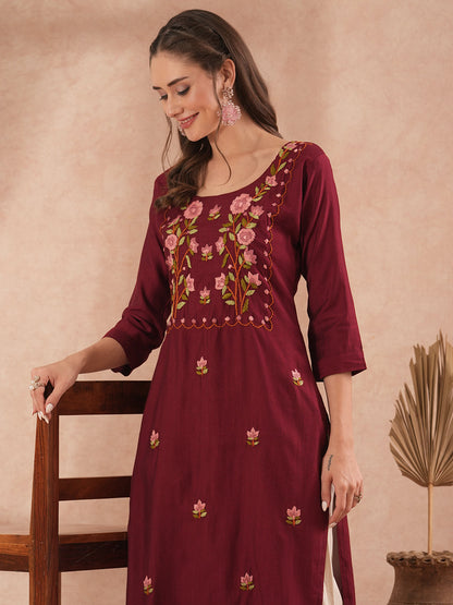 Solid Floral Hand Embroidered Straight Fit Kurta with Pant - Maroon