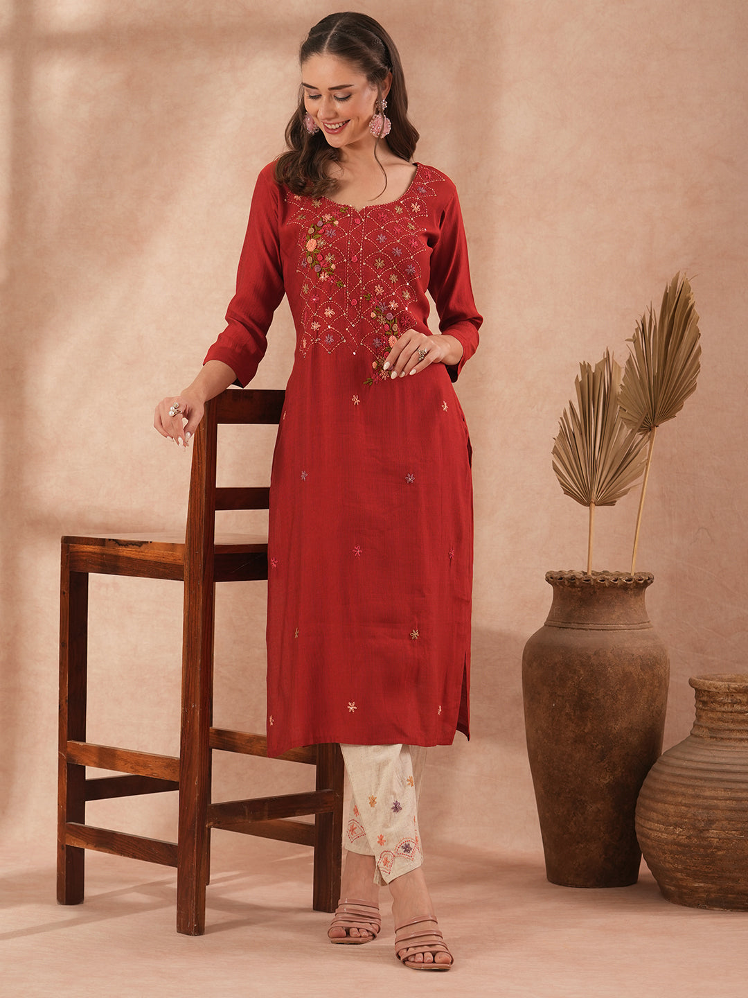 Solid Floral Hand Embroidered Straight Fit Kurta with Pant - Rust