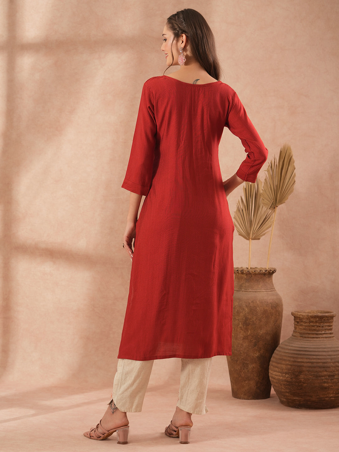 Solid Floral Hand Embroidered Straight Fit Kurta with Pant - Rust