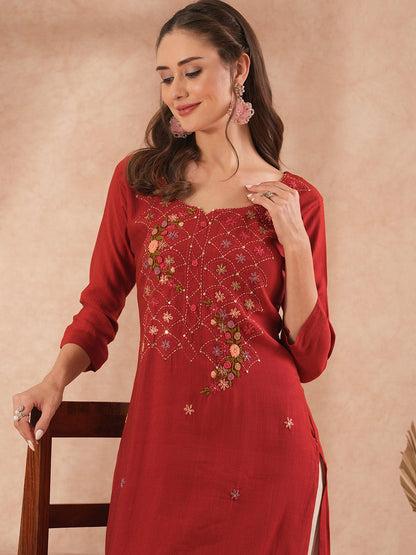 Solid Floral Hand Embroidered Straight Fit Kurta with Pant - Rust