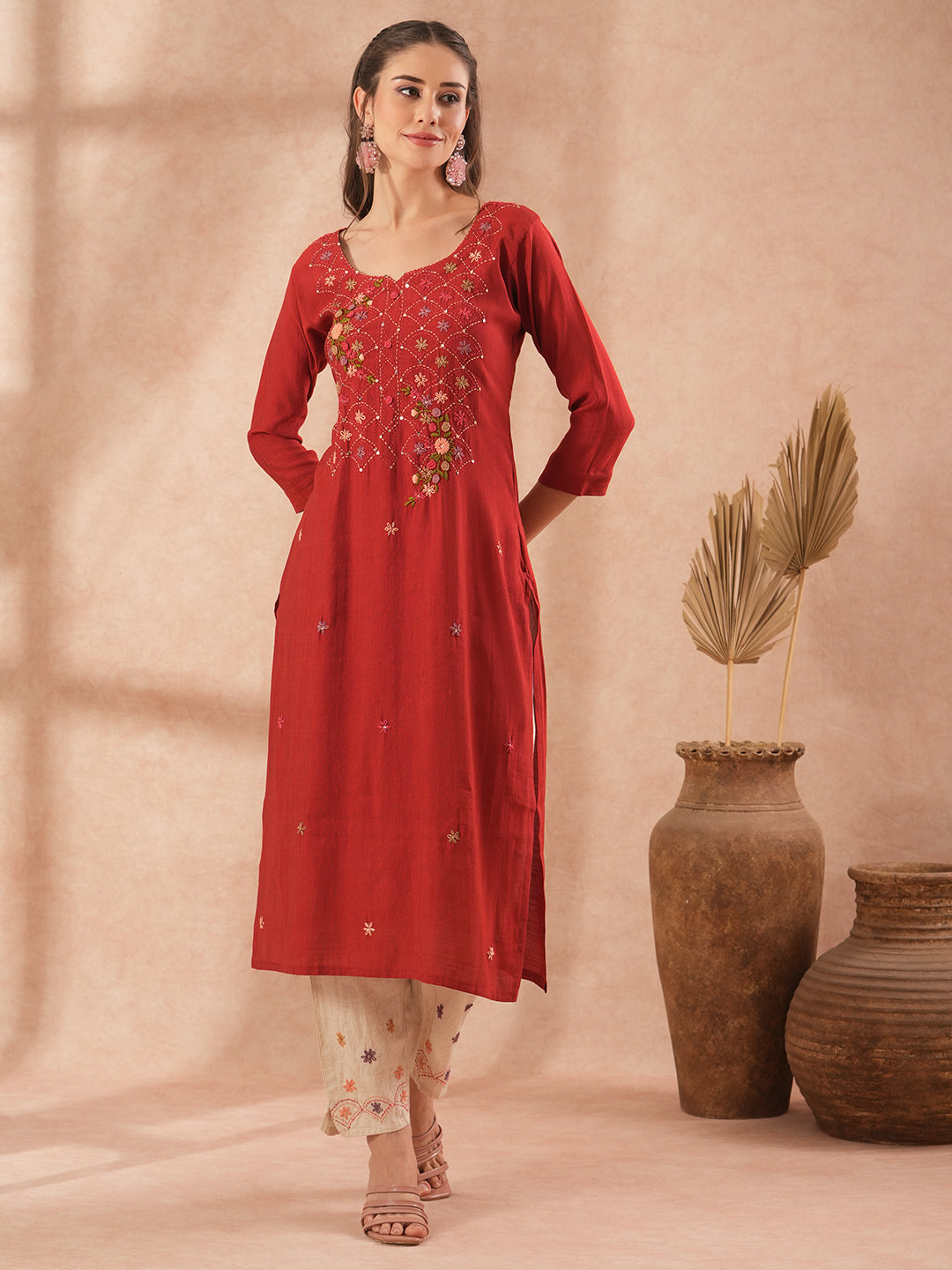 Solid Floral Hand Embroidered Straight Fit Kurta with Pant - Rust