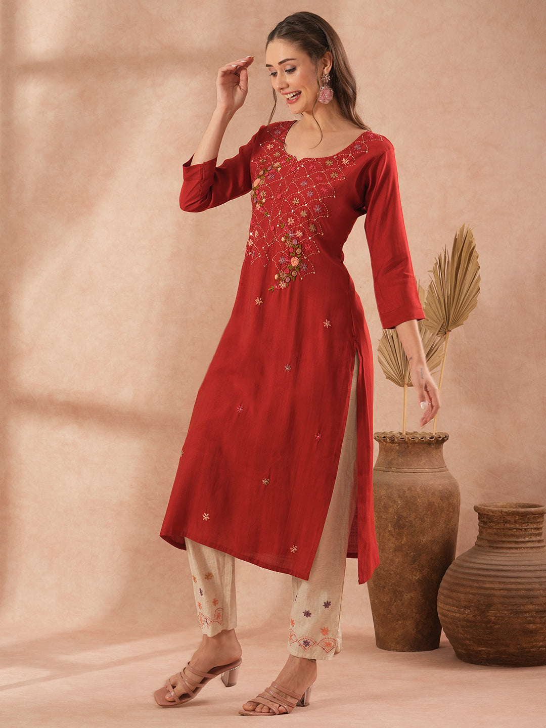 Solid Floral Hand Embroidered Straight Fit Kurta with Pant - Rust