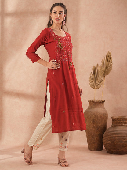 Solid Floral Hand Embroidered Straight Fit Kurta with Pant - Rust