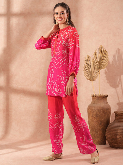 Bandhani Printed & Ombre Embroidered Straight Fit Co-ord Set - Pink