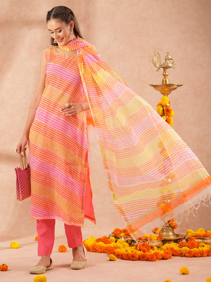 Leheriya Printed Straight Fit Kurta with Pant & Dupatta - Multi