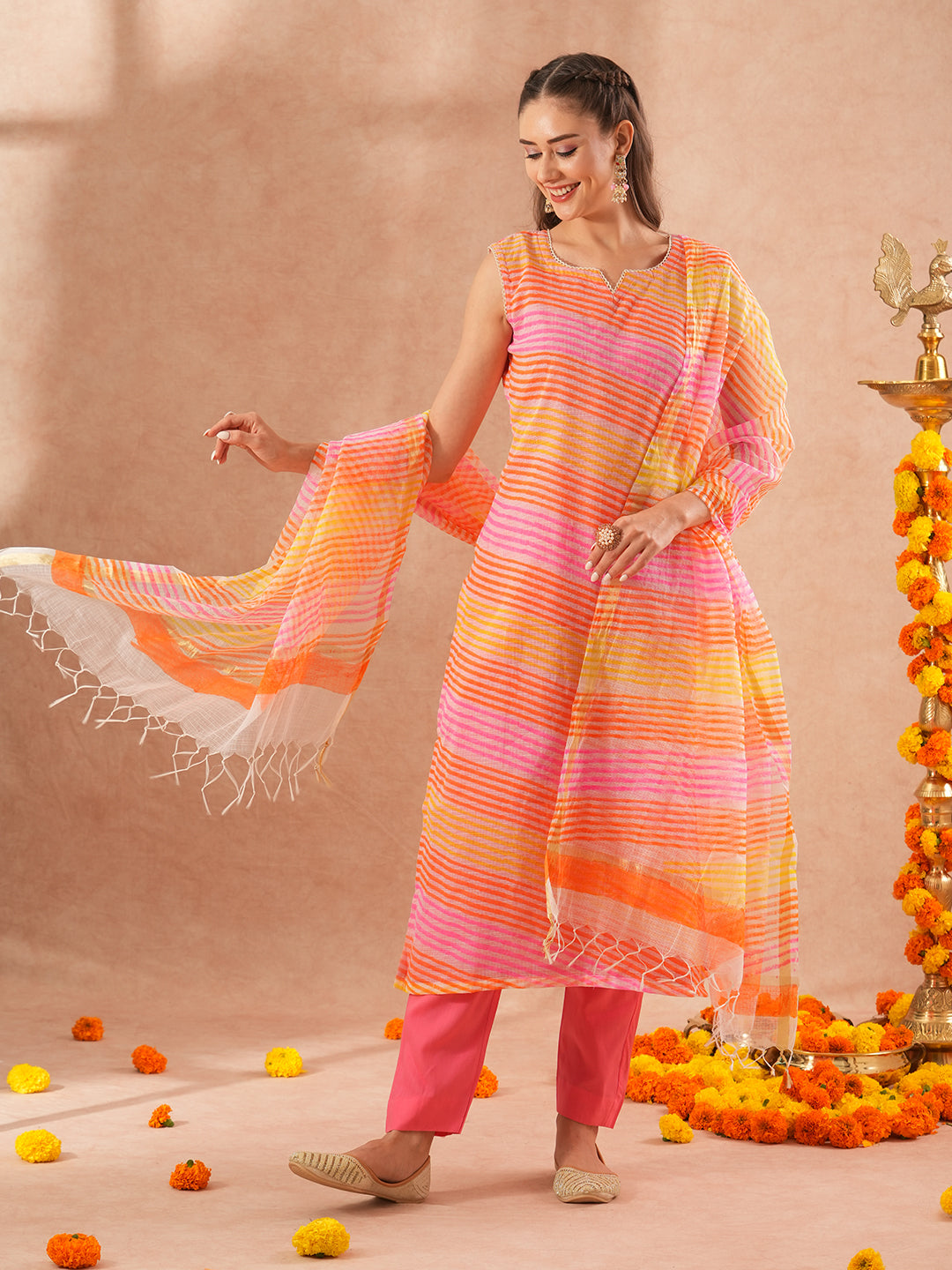 Leheriya Printed Straight Fit Kurta with Pant & Dupatta - Multi