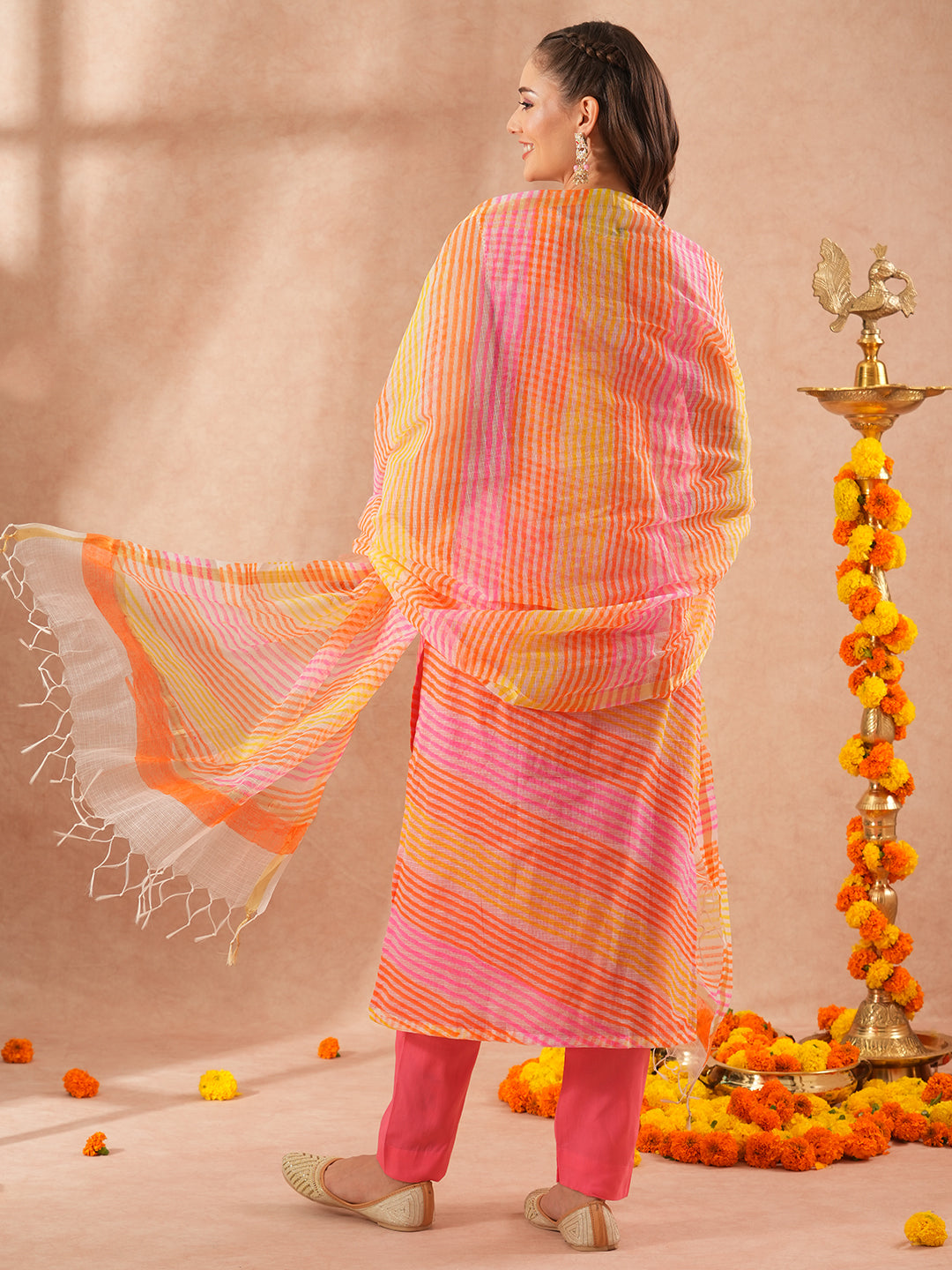 Leheriya Printed Straight Fit Kurta with Pant & Dupatta - Multi