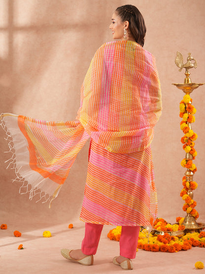 Leheriya Printed Straight Fit Kurta with Pant & Dupatta - Multi