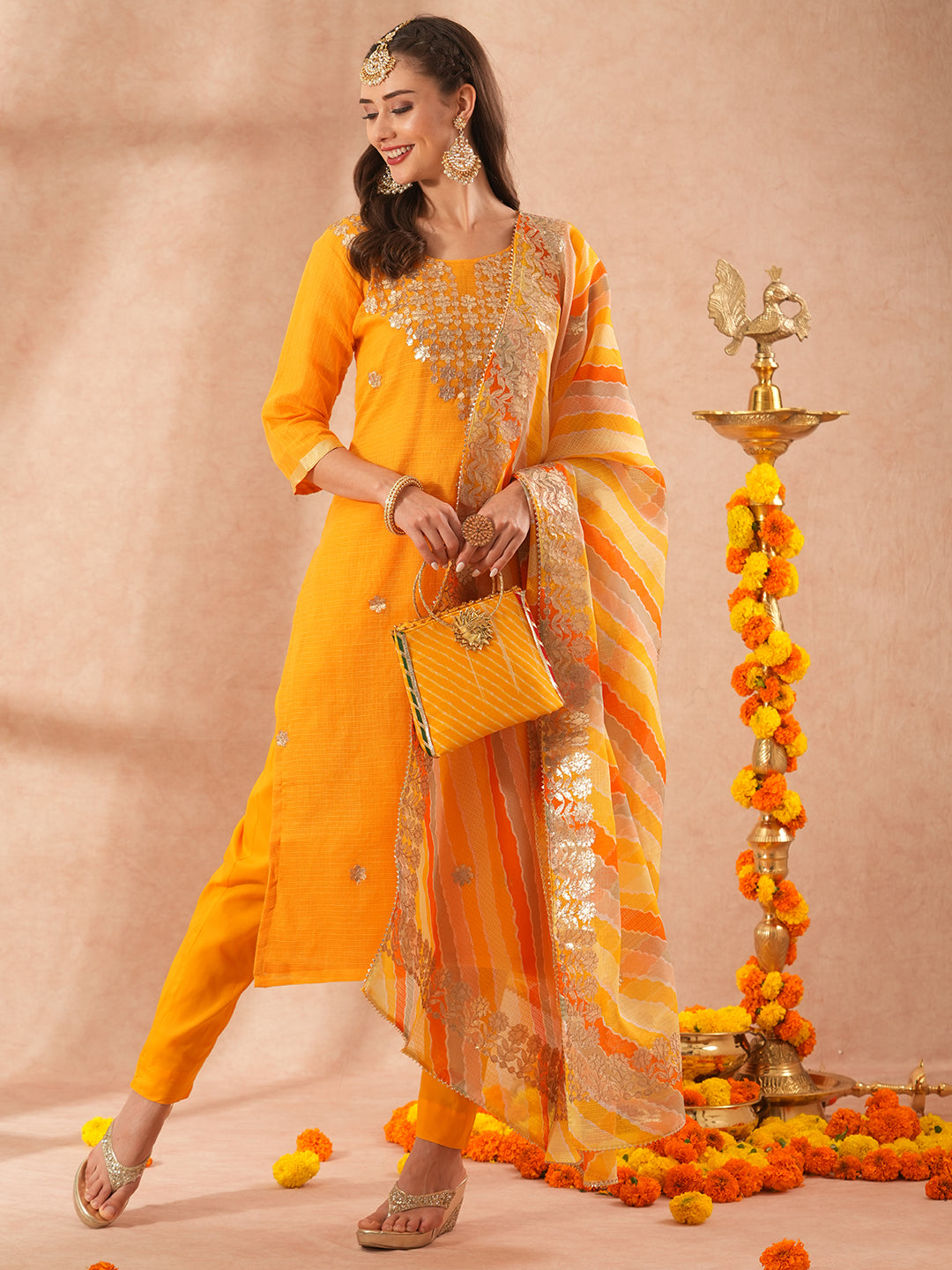 Solid Gota Patti Embroidered Straight Fit Kurta with Pany & Leheriya Dupatta - Yellow