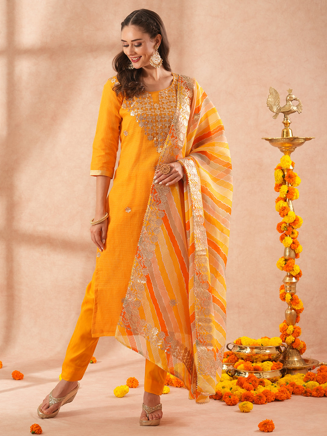 Solid Gota Patti Embroidered Straight Fit Kurta with Pany & Leheriya Dupatta - Yellow