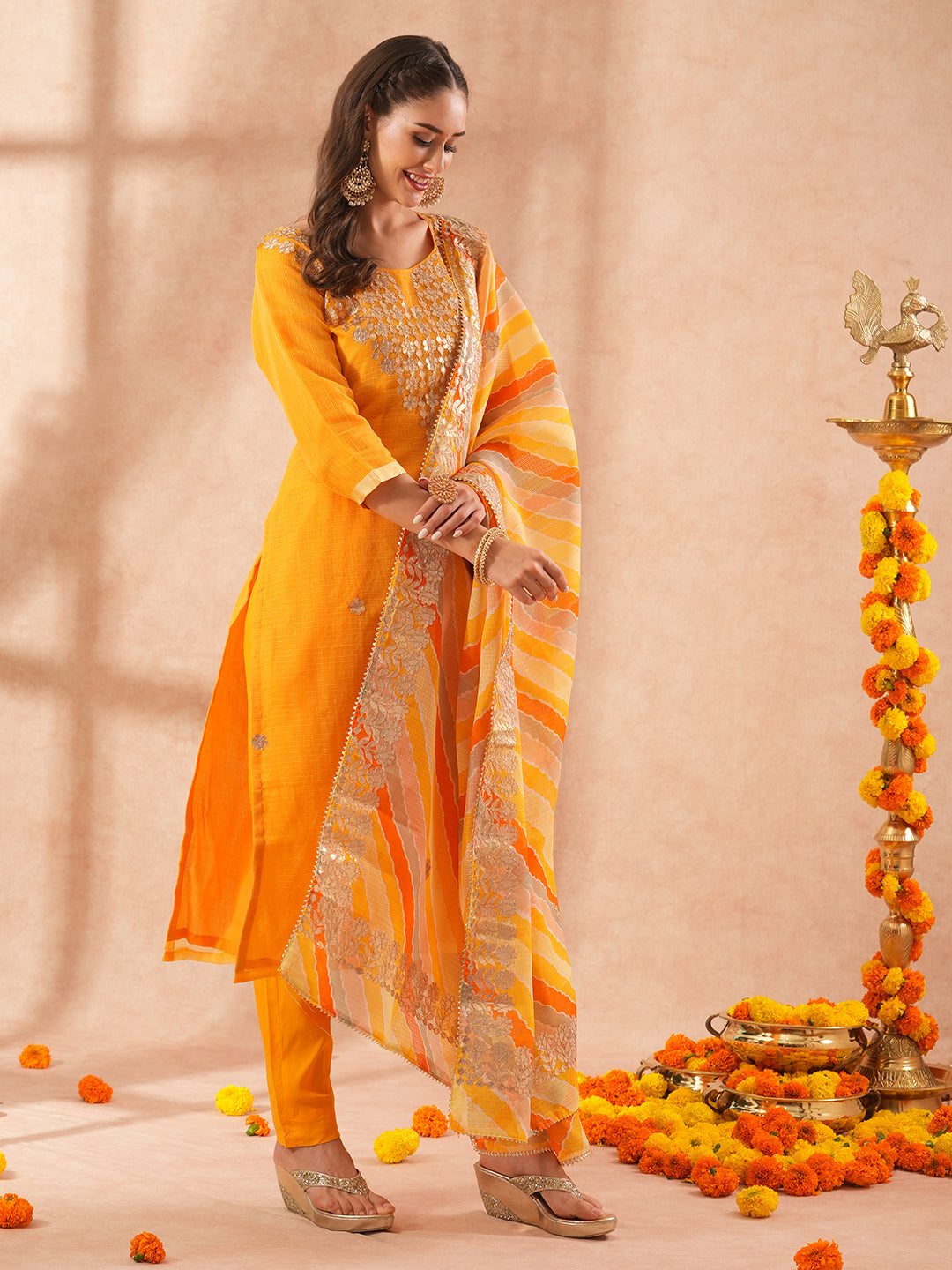 Solid Gota Patti Embroidered Straight Fit Kurta with Pany & Leheriya Dupatta - Yellow