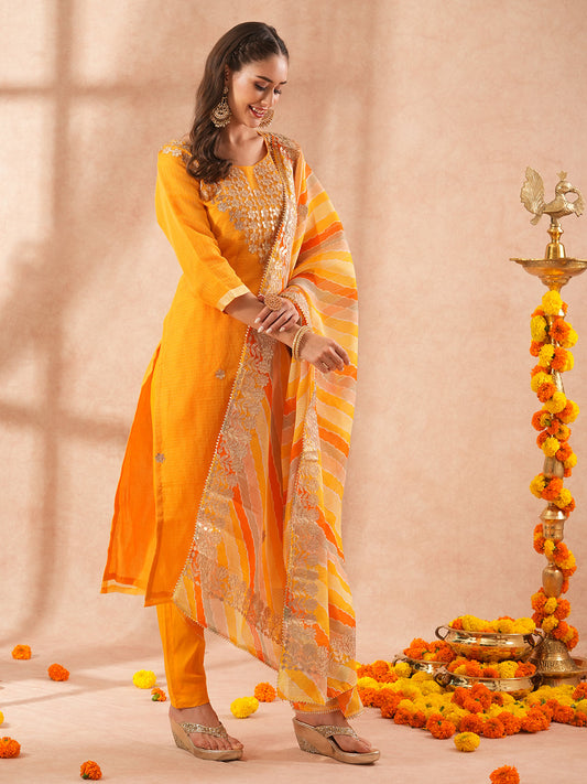 Solid Gota Patti Embroidered Straight Fit Kurta with Pany & Leheriya Dupatta - Yellow